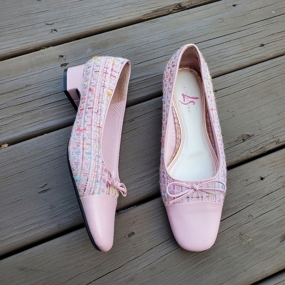 Vintage 90s y2k Square Cap Toe Chunky Heel Pink Tweed Granny Loafers 8 WIDE - Picture 1 of 7